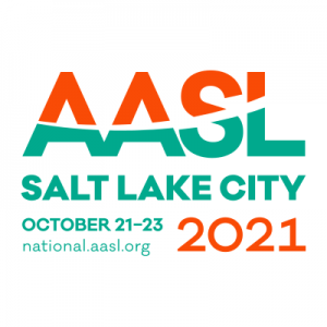 American Association of School Librarians logo consisting of orange and green lettering AASL, for the 2021 Salt Lake City conference taking place October 21 to 23rd of 2021.