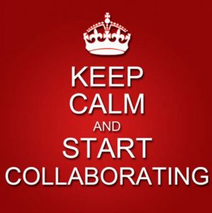 Red background with white crown and lettering reading Keep Calm and Start Collaborating